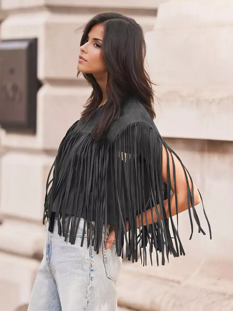 Elegant Western Cowgirl Fringe Vest Crew Neck Bohemian Suede Jacket - Image 7