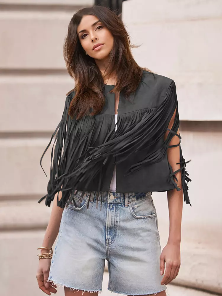 Elegant Western Cowgirl Fringe Vest Crew Neck Bohemian Suede Jacket - Image 8