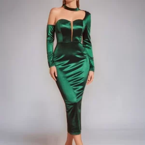 Embellished Collar Long Sleeves Sheer Semi Formal Midi Dress