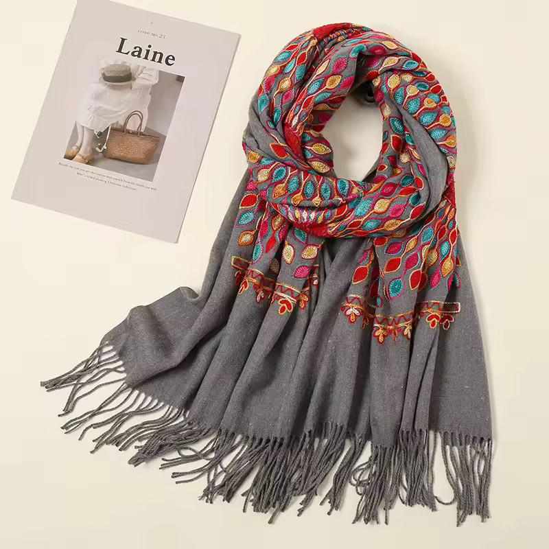 Embroidered Tassel Shawl Wrap Foulard Cashmere Luxury Scarf