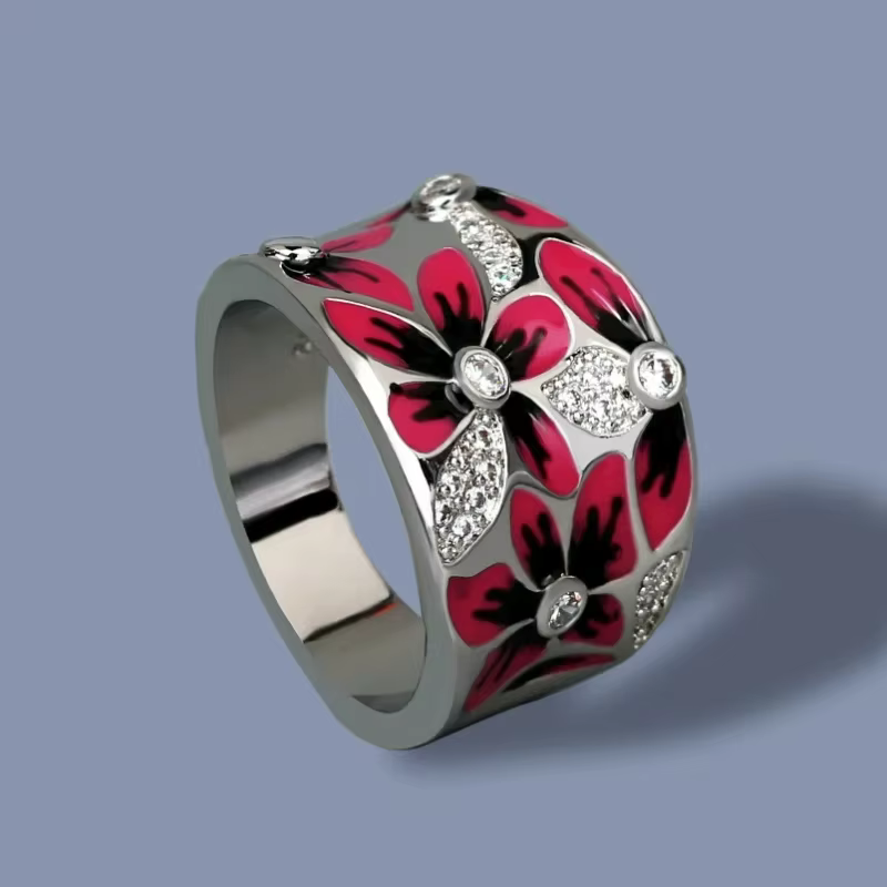Ethnic Style Classical Flower Metal Inlaid White Stones Ring