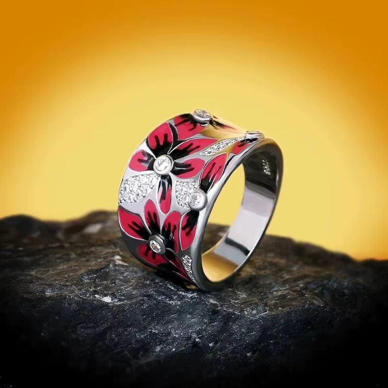 Ethnic Style Classical Flower Metal Inlaid White Stones Ring - Image 3