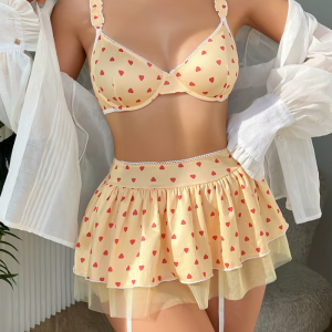 Exotic Intimate Heart Print Mini Skirt Belt Fairy Luxury Underwear Bra Sets