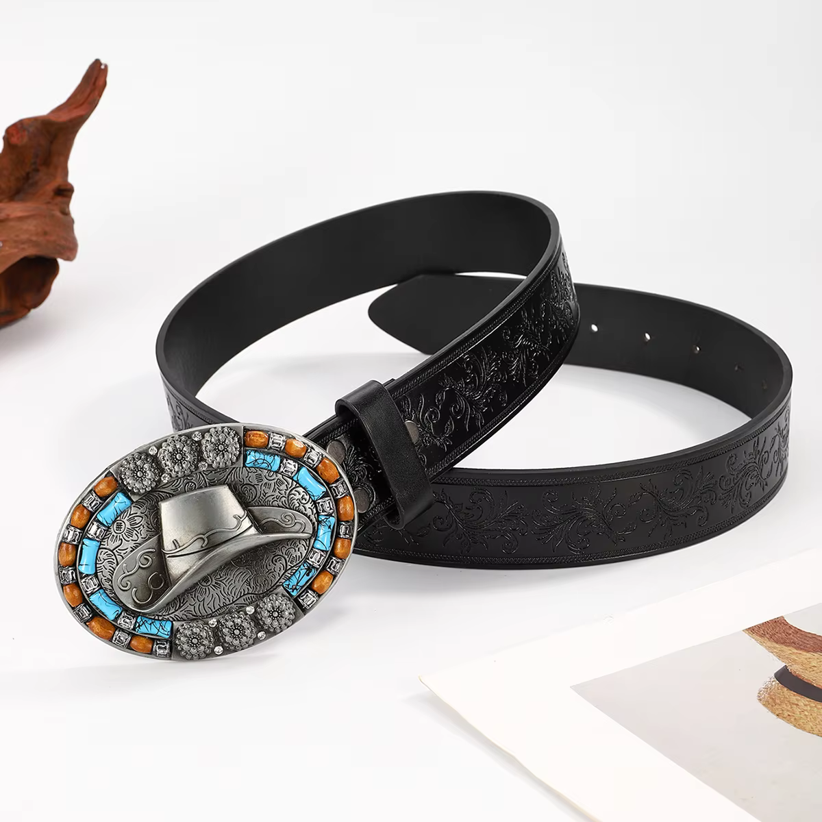 Casual Floral Embossed Alloy Buckle Perfect for Jeans Western Belt