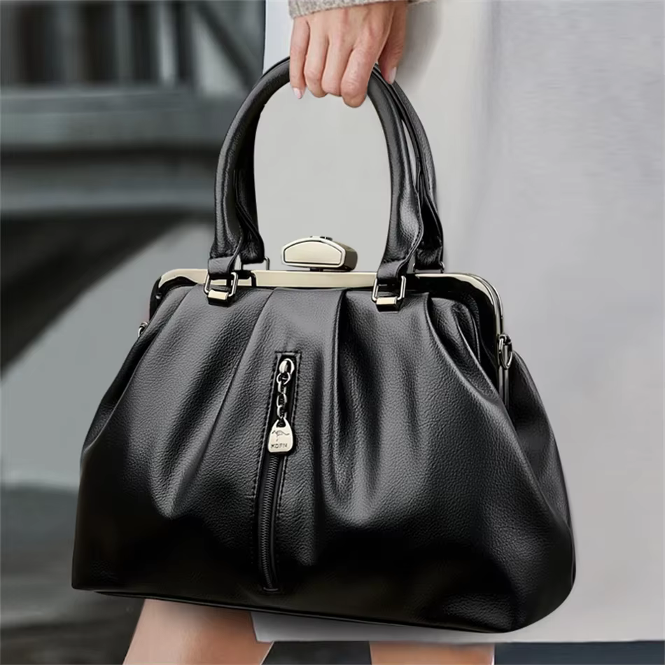 Genuine High Quality Leather Solid Color Portable Messenger Cloud Shoulder Bag - Image 6