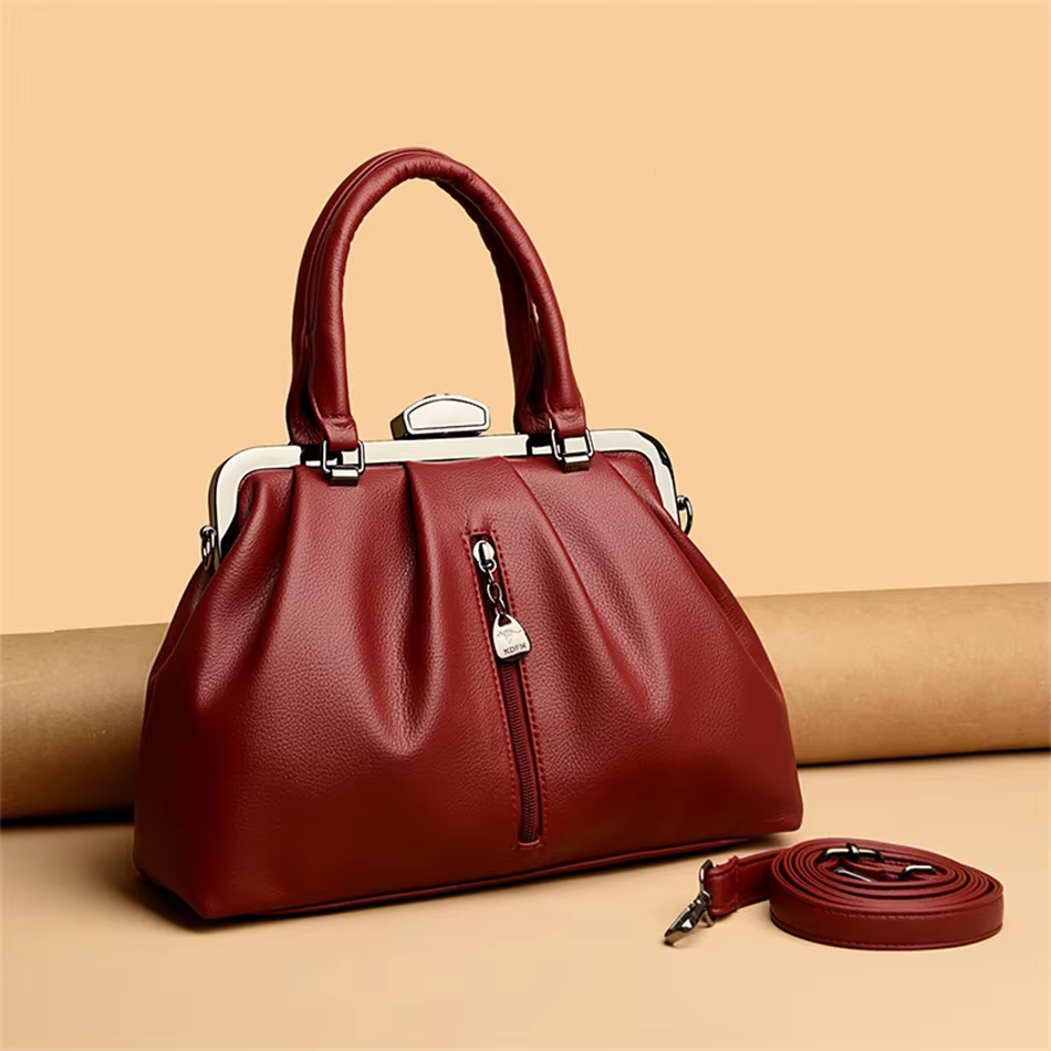 Genuine High Quality Leather Solid Color Portable Messenger Cloud Shoulder Bag - Image 3