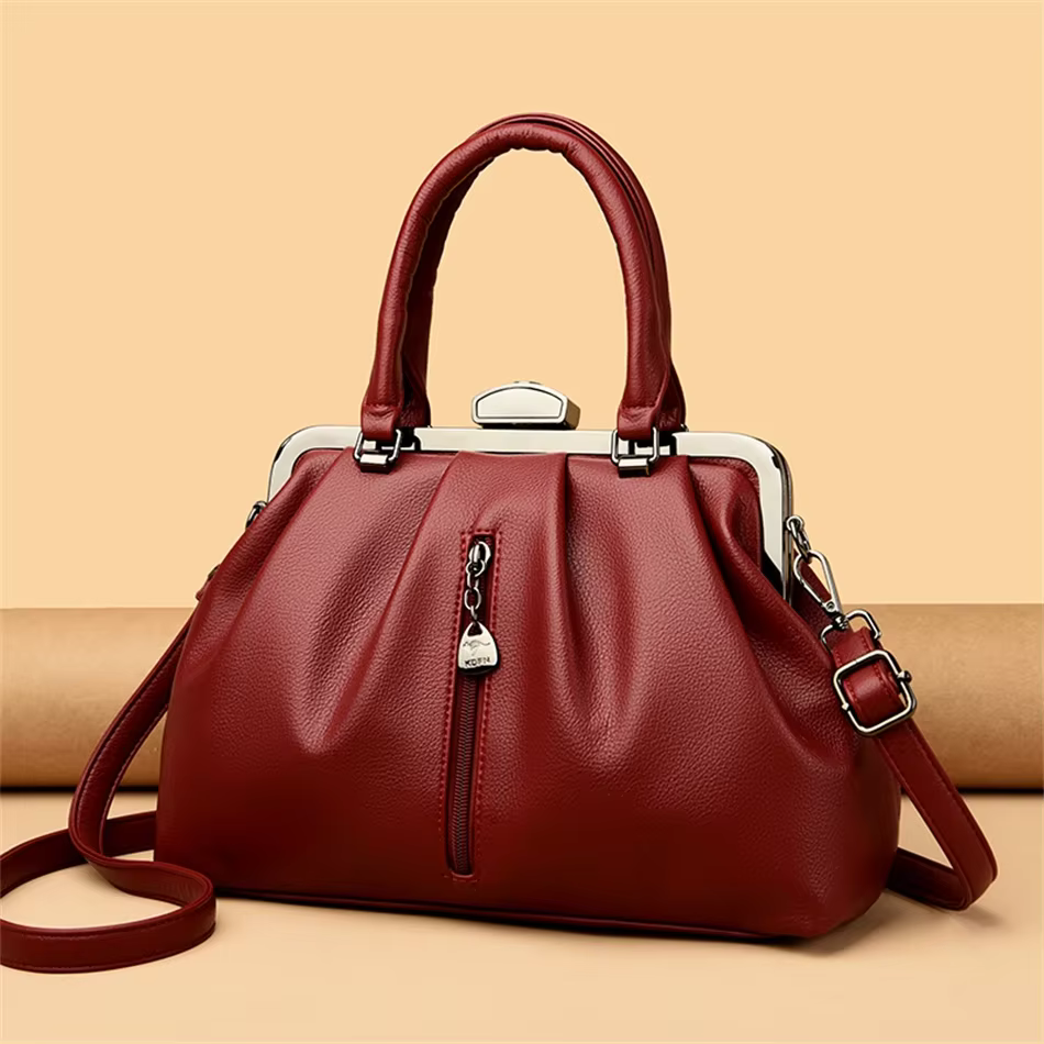 Genuine High Quality Leather Solid Color Portable Messenger Cloud Shoulder Bag - Image 4