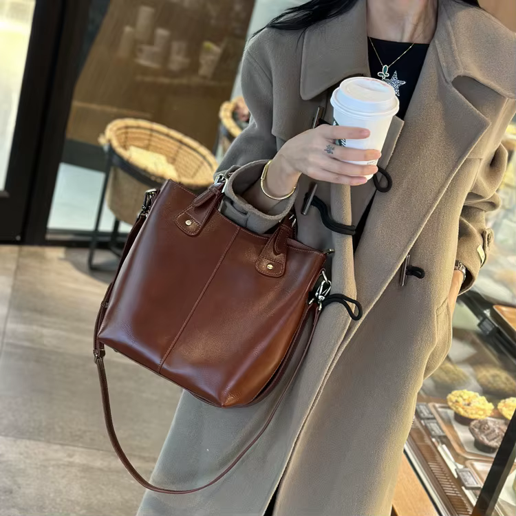 Genuine Leather Cowhide Crossbody Commuter Bucket Bag - Image 9
