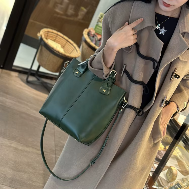 Genuine Leather Cowhide Crossbody Commuter Bucket Bag