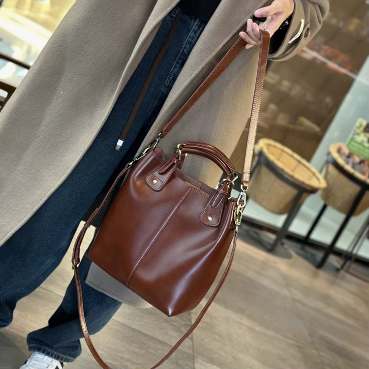 Genuine Leather Cowhide Crossbody Commuter Bucket Bag - Image 8