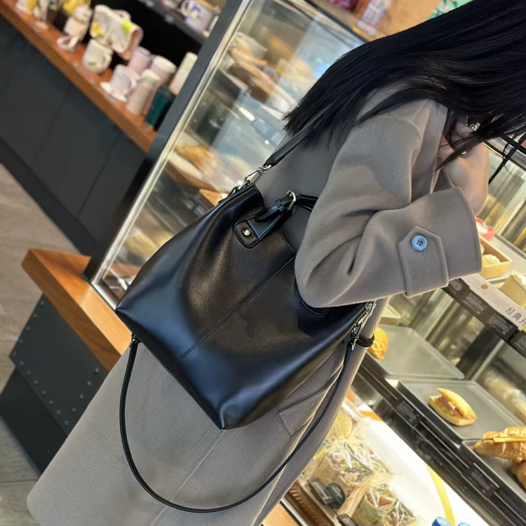 Genuine Leather Cowhide Crossbody Commuter Bucket Bag - Image 6