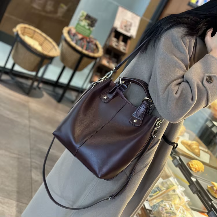 Genuine Leather Cowhide Crossbody Commuter Bucket Bag - Image 3
