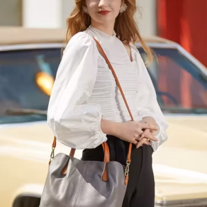 Genuine Leather Large Composite Ruched Top Layer Cowhide Shoulder Crossbody Handbag