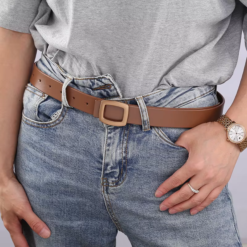 Genuine Leather Waistband Square Metal Buckle Jeans Belt