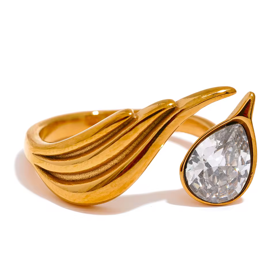 Geometric Stainless Steel Cubic Zirconia Feather Waterproof Ring