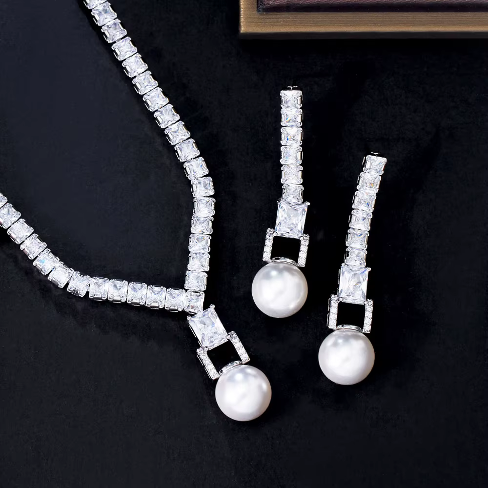 Gorgeous Cubic Zirconia Elegant Pearl Pendant Necklace Earrings Sets - Image 6