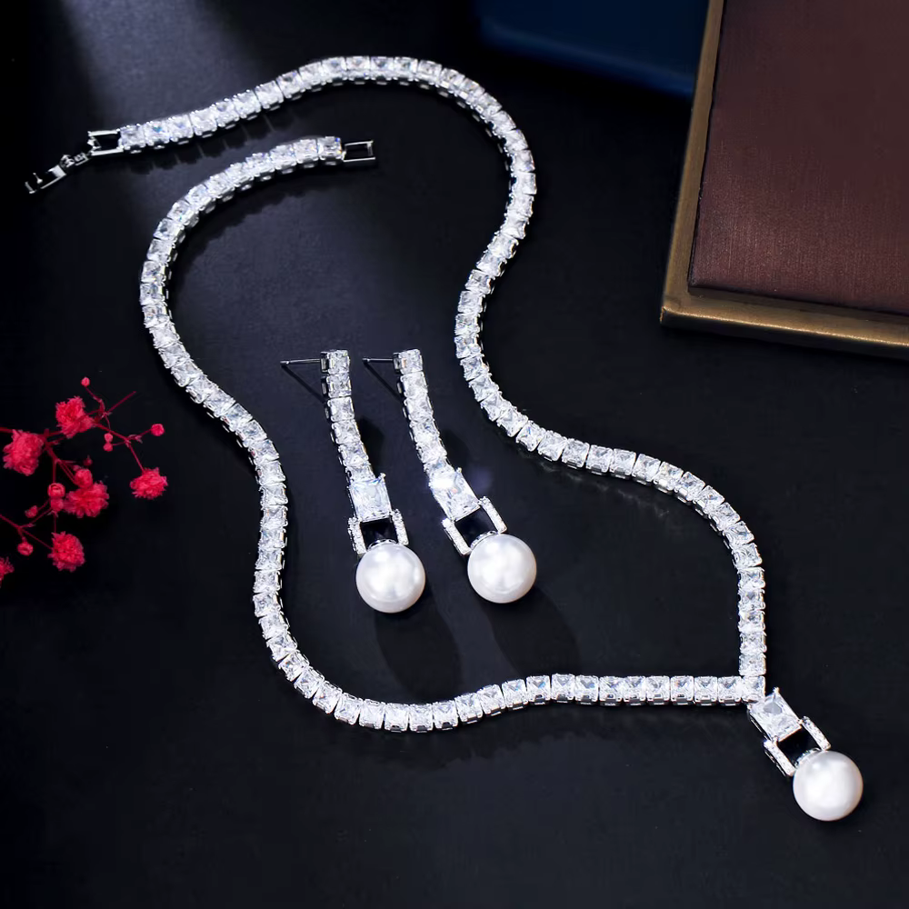 Gorgeous Cubic Zirconia Elegant Pearl Pendant Necklace Earrings Sets - Image 3