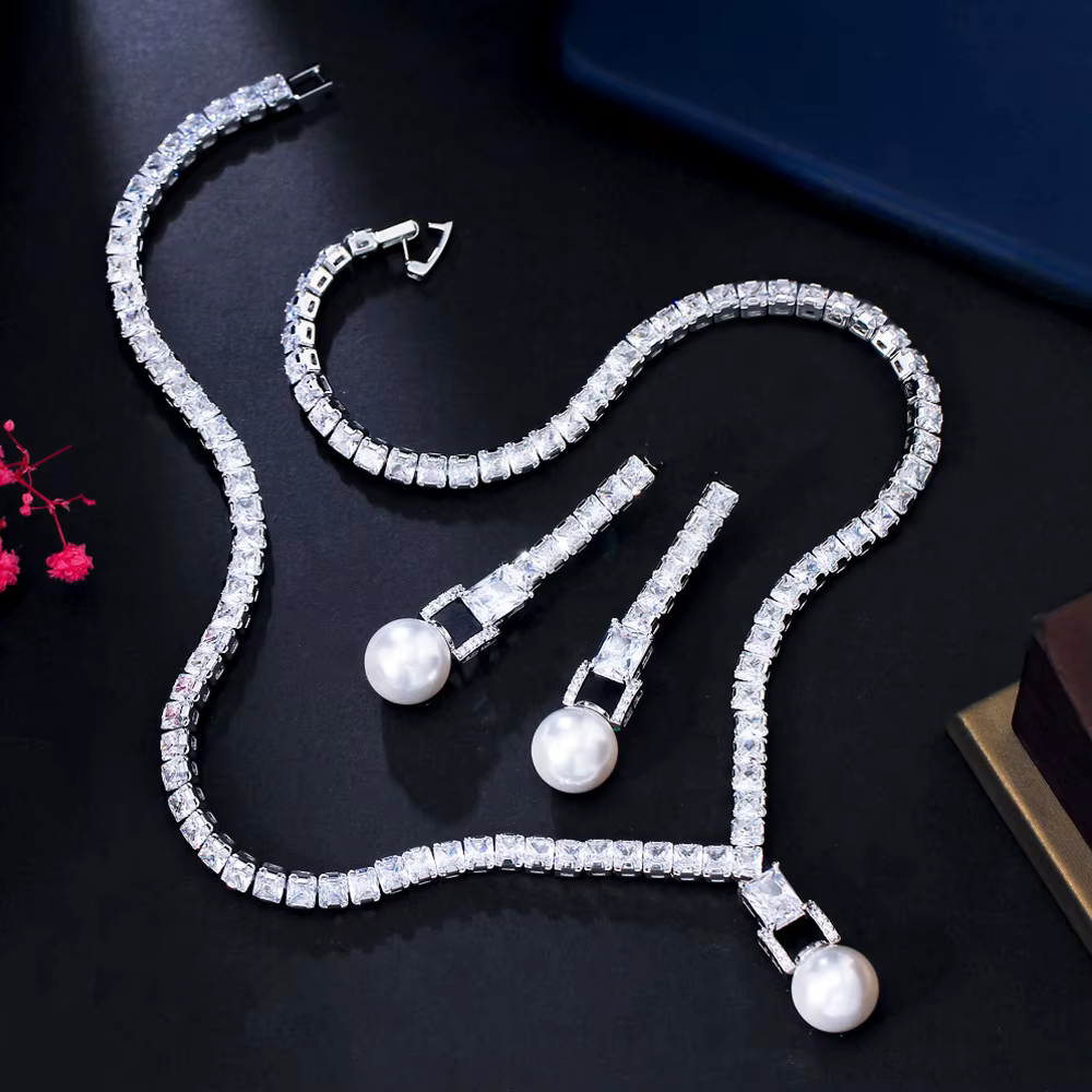 Gorgeous Cubic Zirconia Elegant Pearl Pendant Necklace Earrings Sets - Image 4
