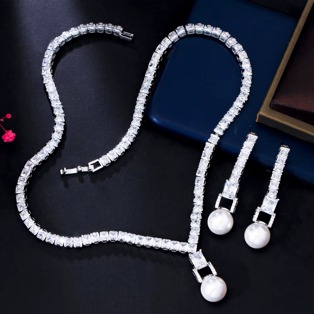 Gorgeous Cubic Zirconia Elegant Pearl Pendant Necklace Earrings Sets - Image 5