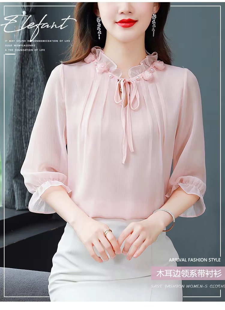 Half Sleeve Bow tie Fashion Chiffon Petal Collar Loose Casual Shirt - Image 11