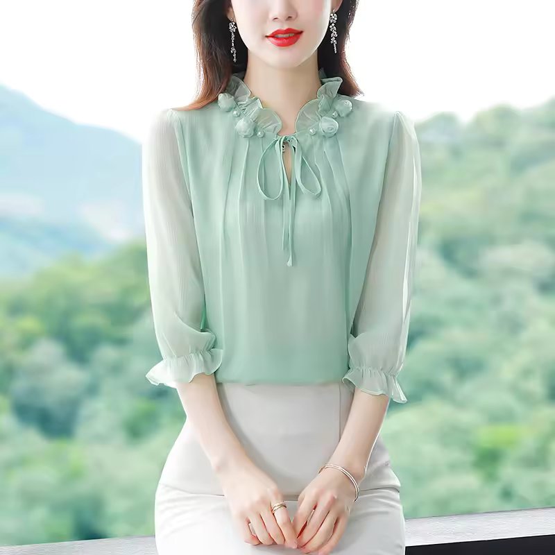 Half Sleeve Bow tie Fashion Chiffon Petal Collar Loose Casual Shirt - Image 4