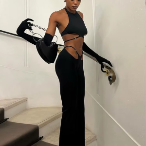 Halter Backless Crop Tops Hole Flare Pants Milk Silk Two Piece Set