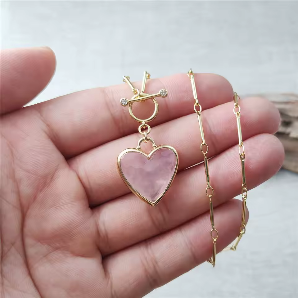 Handcrafted Natural Rose Crystal Buckle Chain Heart-Shaped Necklace