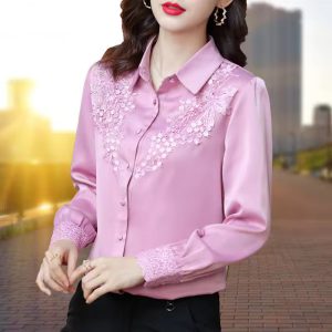 High Quality Satin Embroidery Elegant Chic Fashion Long Sleeve Top Blouse -1 High Quality Satin Embroidery Elegant Chic Fashion Long Sleeve Top Blouse
