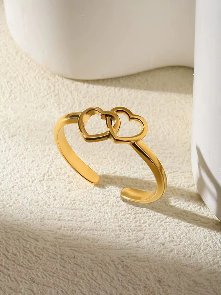 Hollow Double Heart Stainless Steel Adjustable Wedding Valentine Rings