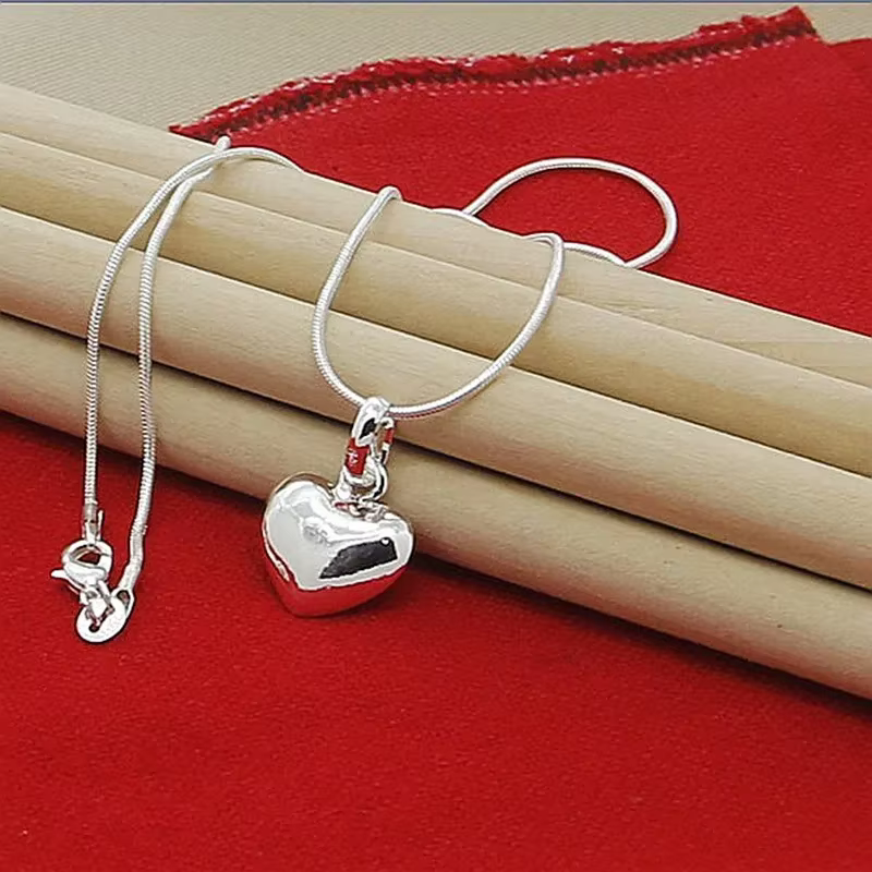 Luxury 925 Sterling Silver Solid Heart Snake Chain Wedding Necklace