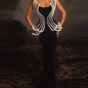 Luxury Backless Pearl Beading Strapless Design Long Bandage Bodycon Maxi Dress