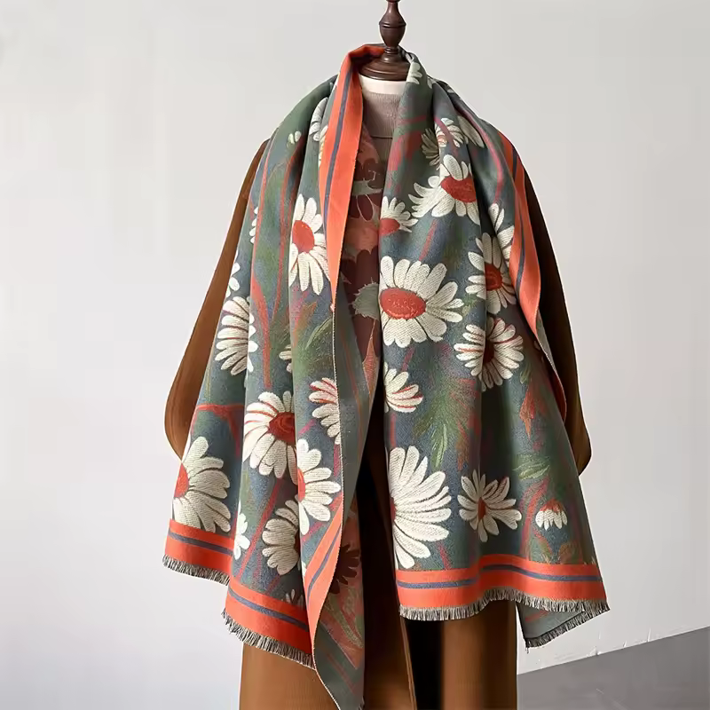 Luxury Cashmere Flower Printed Warm Poncho Scarves Shawl