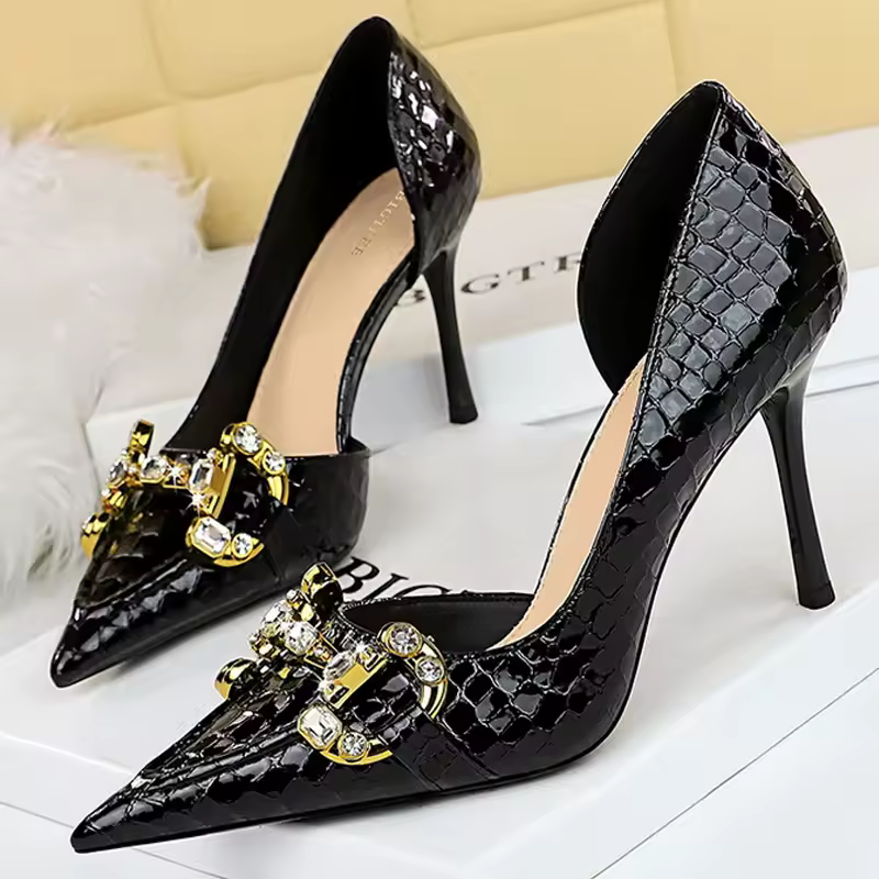 Luxury Designer Metal Chain Buckle Stiletto High Heels