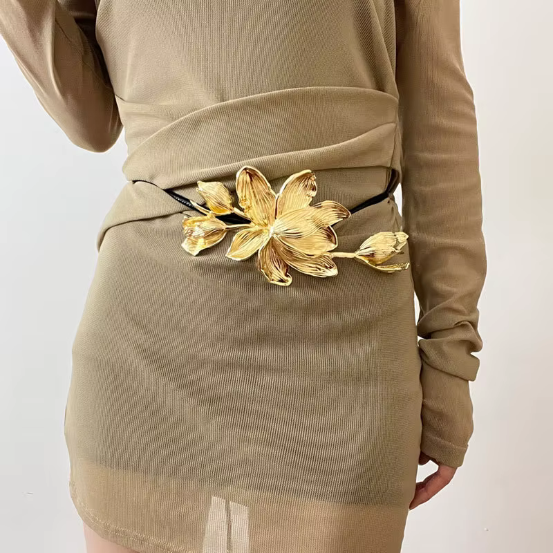 Luxury Metal Tulip Flower Waistband Chain Skirt Pants Dress Decoration Belt