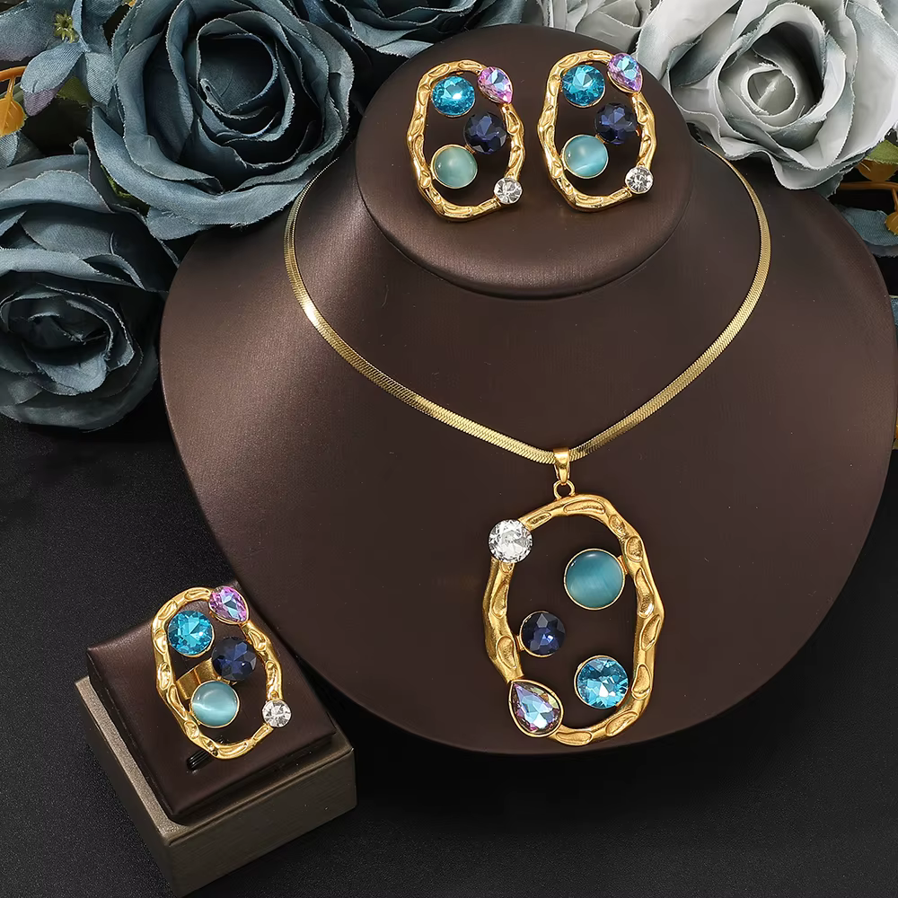 Luxury Necklace Earrings ring Stainless Steel Golden Gemstones Bride Jewelry Sets