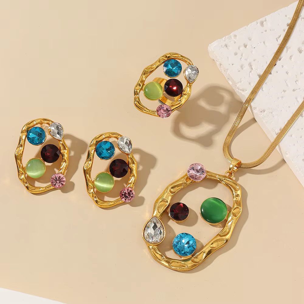 Luxury Necklace Earrings ring Stainless Steel Golden Gemstones Bride Jewelry Sets - Image 2