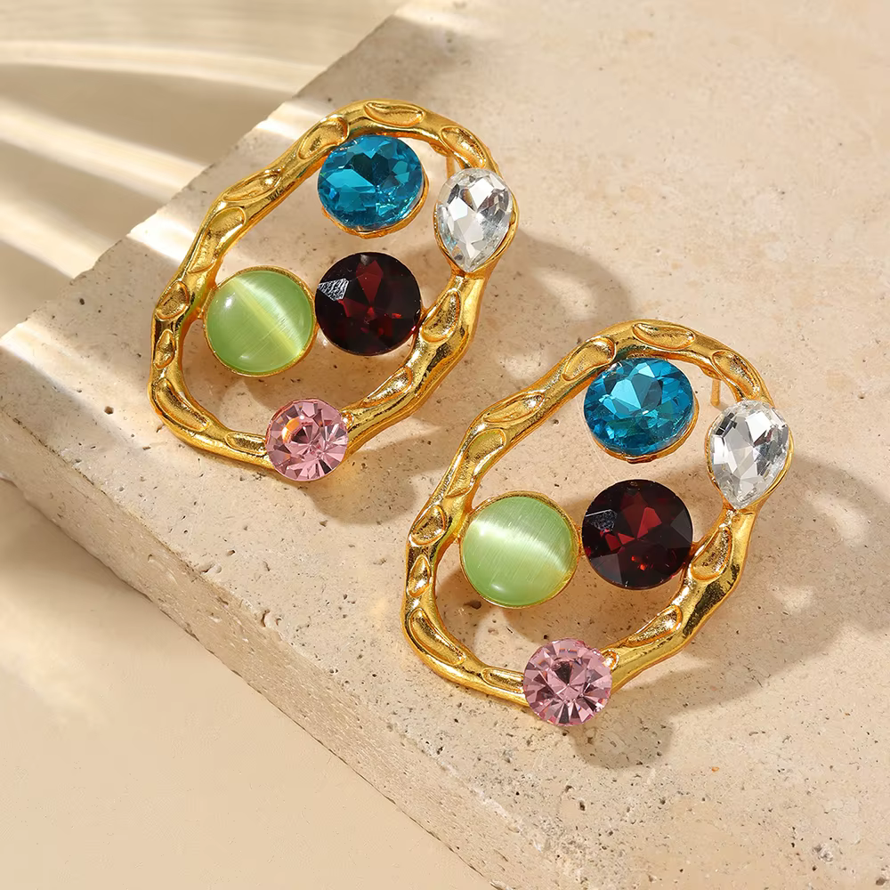 Luxury Necklace Earrings ring Stainless Steel Golden Gemstones Bride Jewelry Sets - Image 4