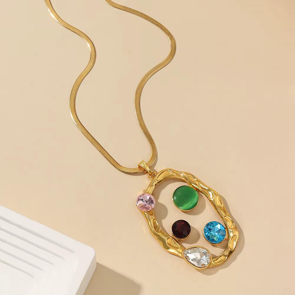 Luxury Necklace Earrings ring Stainless Steel Golden Gemstones Bride Jewelry Sets - Image 5