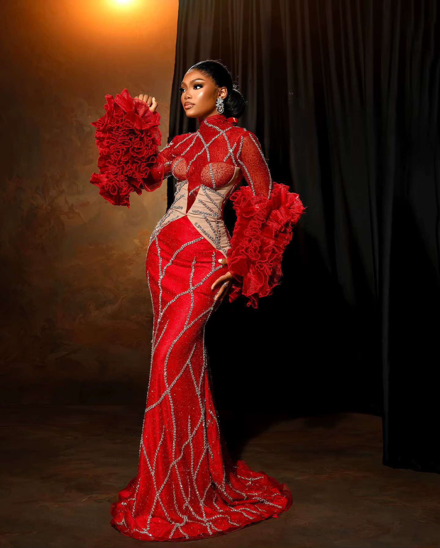 Luxury Ruffles Beaded Lace Flare Sleeves Mock Mermaid Party Prom Maxi Dress - Image 3