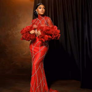 Luxury Ruffles Beaded Lace Flare Sleeves Mock Mermaid Party Prom Maxi Dress