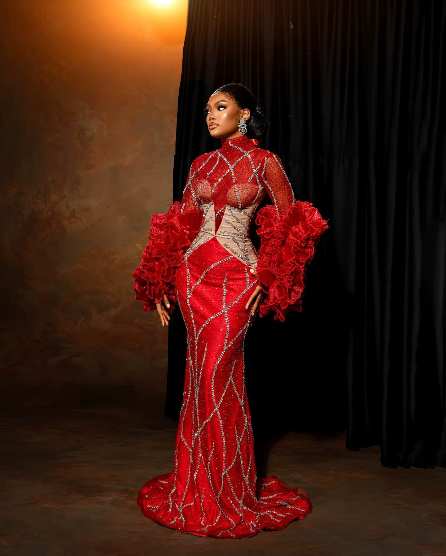 Luxury Ruffles Beaded Lace Flare Sleeves Mock Mermaid Party Prom Maxi Dress - Image 2