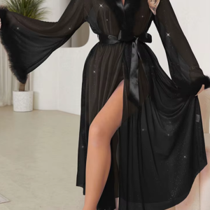 Luxury Shine Long Sleeve Plush Cuff Long Robe Night Gown
