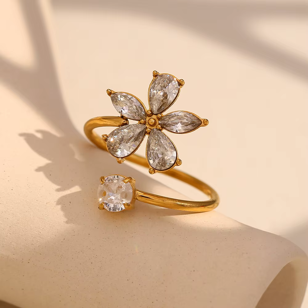 Luxury Sparkling Cubic Zirconia Flower Stainless steel Open Ring