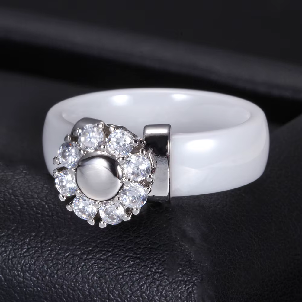 Luxury Sunflower Zircon Ceramic Titanium Steel Metal Finger Ring