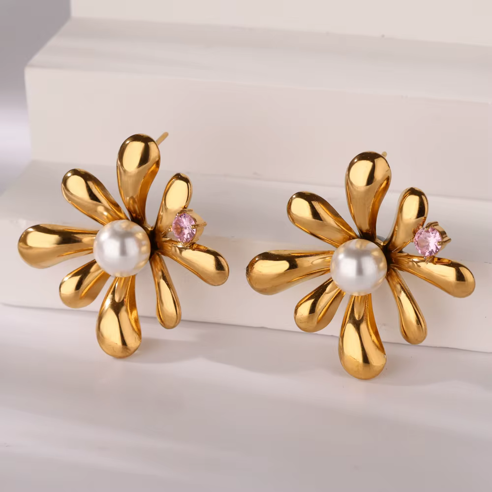 Luxury Zircon Flower Stainless Steel Imitation Pearl Earrings