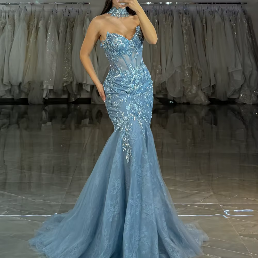 Mermaid One Shoulder Strapless Glitter Flowers Embroidery Prom Dresses