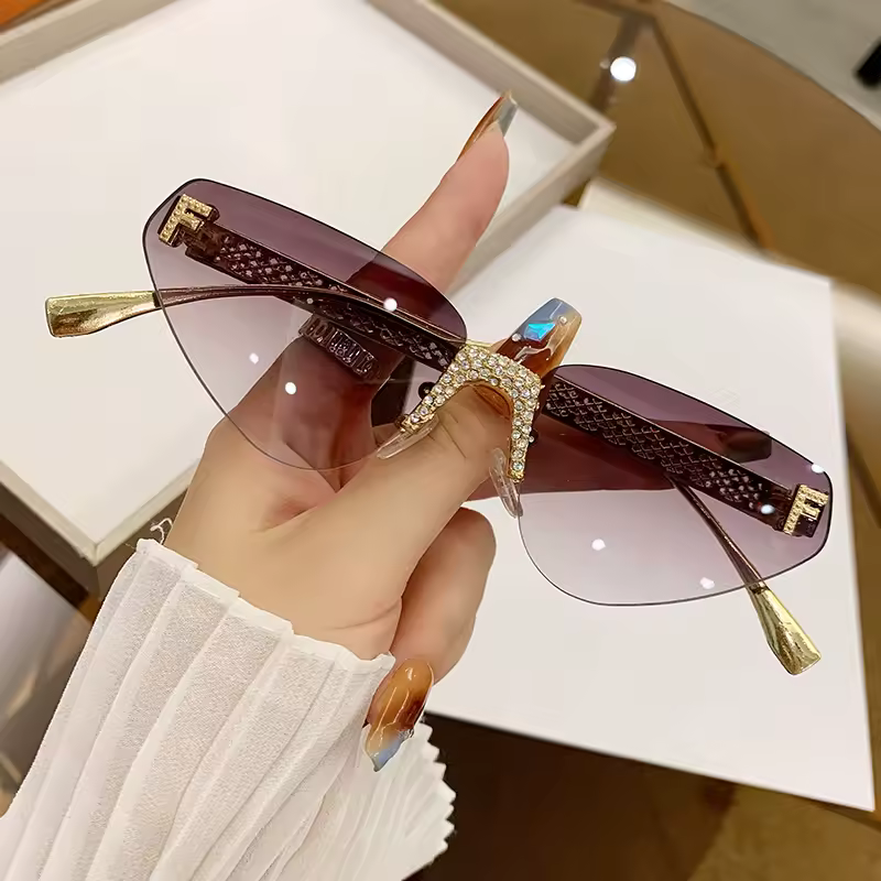 Metal Hollow Letter Diamond Rimless Cat Eye Retro Sunglasses