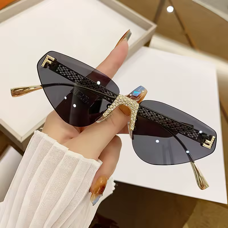 Metal Hollow Letter Diamond Rimless Cat Eye Retro Sunglasses - Image 2