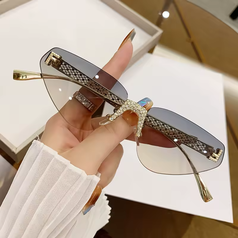 Metal Hollow Letter Diamond Rimless Cat Eye Retro Sunglasses - Image 3