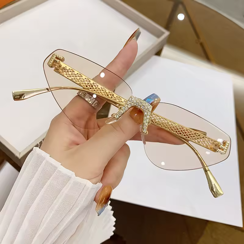Metal Hollow Letter Diamond Rimless Cat Eye Retro Sunglasses - Image 4